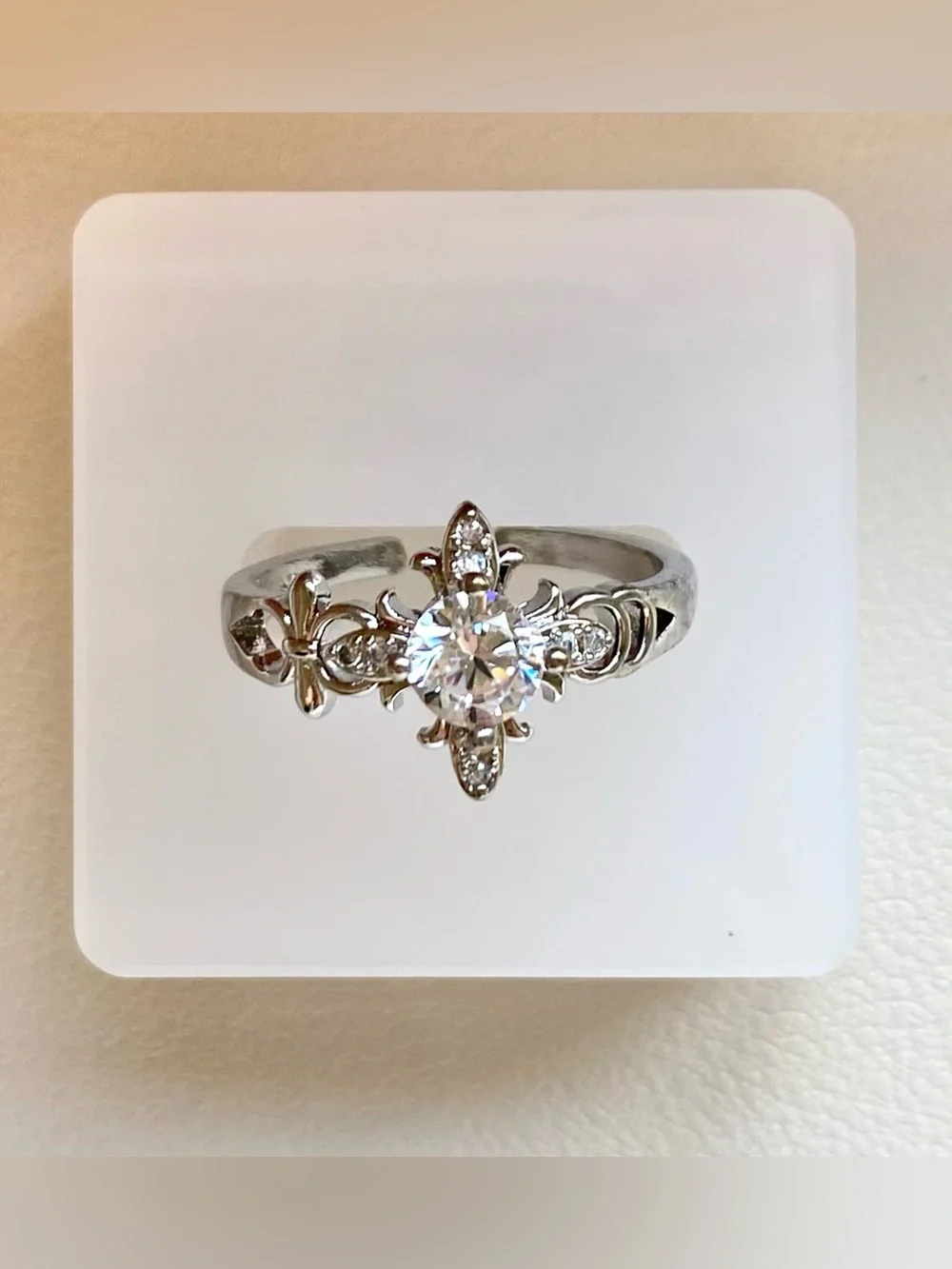 Silver Floral Halo Ring with Clear Crystal Center